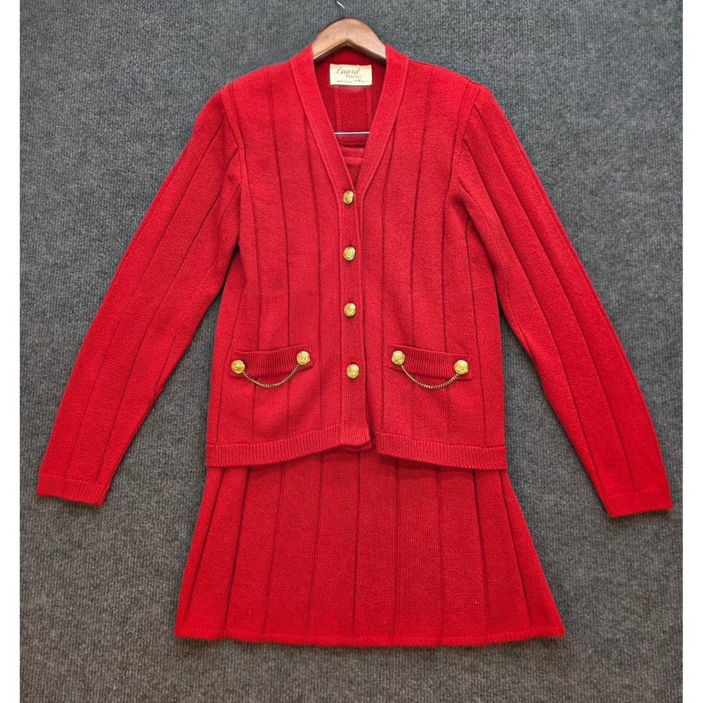 Laura Petites Skirt Set Women 4 Red Excellent Vintage Ribbed Gold Button USA